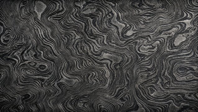 Dark gray metal surface with intricate wavy patterns and organic textures for background or design element showing strength and artistry.