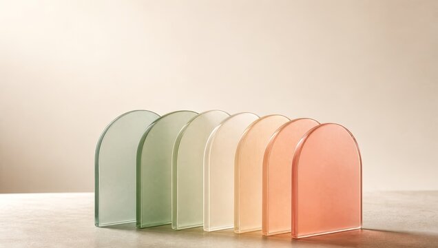 Set of colorful translucent arched glass panels in warm and cool tones for modern design elements or decorative backgrounds.