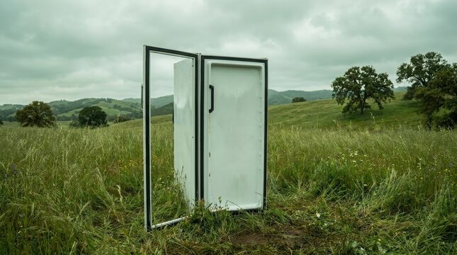 Open refrigerator doors standing alone in grassy meadow with hills and oak trees. Surreal discarded appliance in rural landscape. Weird and unusual object idea. Recycling and waste concept.