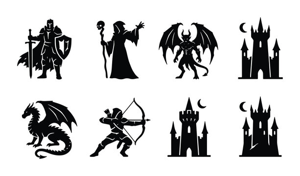 Fantasy Icons Set: Knight, Wizard, Dragon, Demon, Archer, Castles, Vector Graphics for Games & Mythology