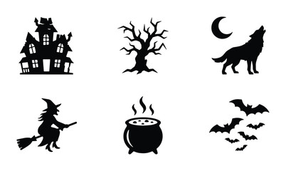 Fototapeta premium Halloween Icons Set: Spooky Haunted House, Bare Tree, Howling Wolf, Witch, Cauldron, Bats, Moon, Vector Graphics for Spooky Celebrations