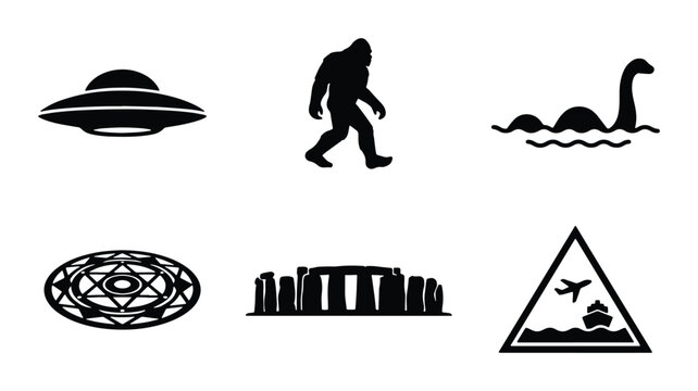 Cryptid Icons: UFO, Bigfoot, Loch Ness Monster, Stonehenge, Mysterious Symbols, Travel