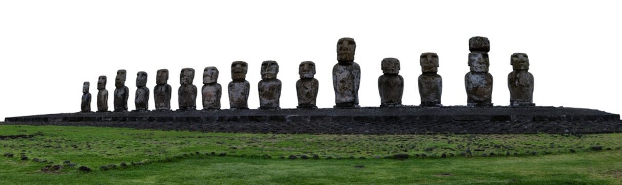 Isolated on white Ahu Tongariki Moai Statues Panorama in super high Res on Easter Island, Chile