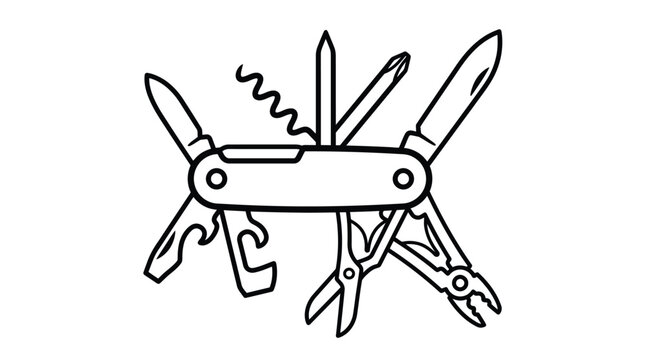 Multitool vector graphic illustration featuring sharp blades screwdrivers scissors and openers in black outline style