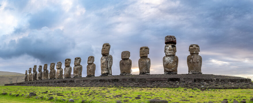 Ahu Tongariki Moai Statues Panorama in super high Res on Easter Island, Chile