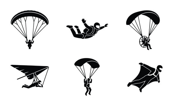 Extreme Sports Icons: Parachuting, Hang Gliding, Wingsuit Flying, Skydiving Vector Set