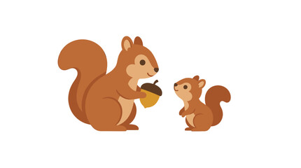 Obraz premium Cute brown squirrels vector graphic illustration featuring mother and baby animal characters holding delicious acorn nut food