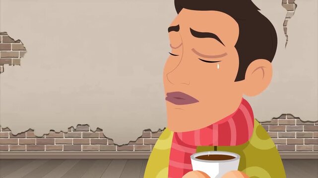 Sick man wearing warm winter scarf holding steaming hot beverage cup vector cartoon animation video footage