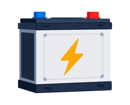 A flat vector illustration of a car battery with a yellow lightning bolt symbol, featuring blue and red terminals, isolated on transparent background