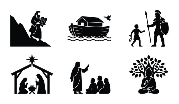 Religious Icons Set: Moses, Noah's Ark, Nativity, Buddha, Ancient Warrior, Teaching Vector Graphics