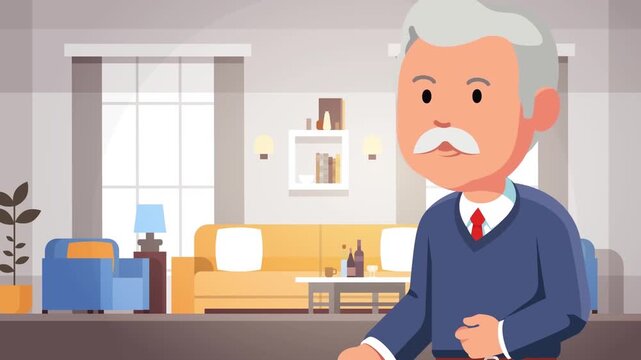 Elderly grandfather character standing in living room interior 2D vector animation video clip