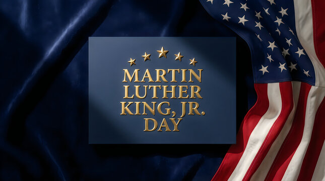 Martin luther king jr day text with a waving american flag in the background for national holiday