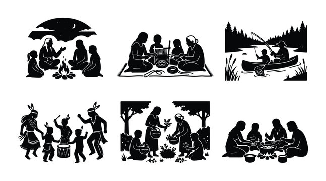 Indigenous People Silhouettes: Community, Culture, and Nature Scenes, 6 Vector Icons
