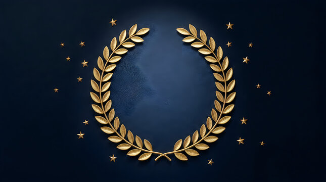 Shiny gold laurel wreath emblem with a dark blue center and glowing stars on a black background