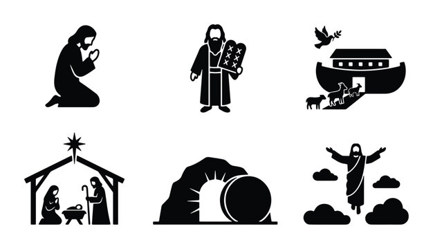 Christianity Icons Set: Jesus, Moses, Noah's Ark, Nativity, Resurrection, Ascension Vector Graphics