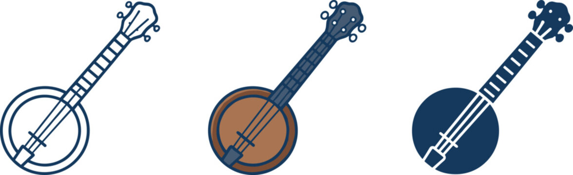 Banjo musical instrument vector icon set representing folk bluegrass country music acoustic string sound and concert performance