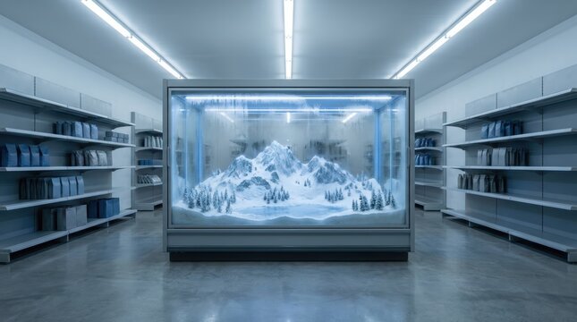 Frozen snowy mountain landscape sealed inside a glass supermarket freezer chest in a minimalist grocery aisle. Surreal winter diorama in retail store. Weird wins concept.