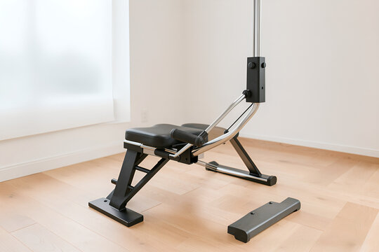 rower machine in a bright minimal fitness studio with light wood floor