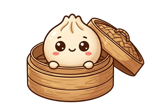 Cute Kawaii Dumpling in Bamboo Steamer, Chinese Dim Sum, Transparent Background, Isolated on White