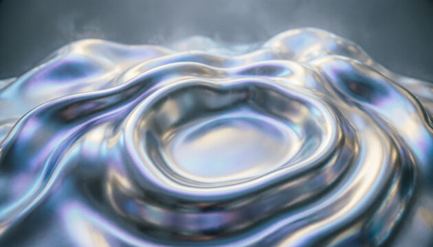 Fondo abstracto de metal l&iacute;quido silver iridiscente con reflejos y ondas de mercurio 3D.