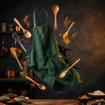 A dark green fabric apron floats dramatically, surrounded by levitating wooden spoons, whisks, and spatial spices in warm, moody, cinematic light, zero gravity, spices, magical