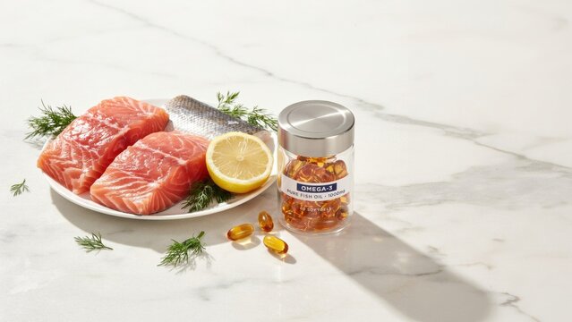 Omega-3 fish oil capsules in a glass jar, fresh raw salmon fillets with lemon on a plate, healthy dietary supplements on white marble background