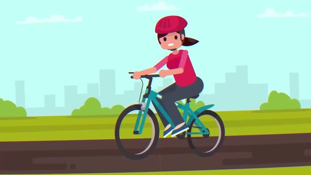Animated girl wearing red helmet riding bicycle outdoors past colorful pollen particles allergy concept video footage