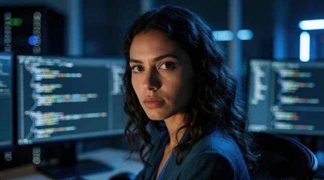 Serious female software developer works in dark office at night. Pro woman programmer looks at camera near computer screens with coding lines. specialist tech entrepreneur solves complex software