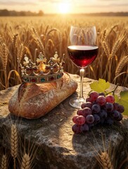 Obraz premium Gold crown sits on crusty bread loaf near red wine glass, grapes. Still life setup on stone in wheat field at sunset. Royal feast concept with food, drink in golden hour light during harvest season.