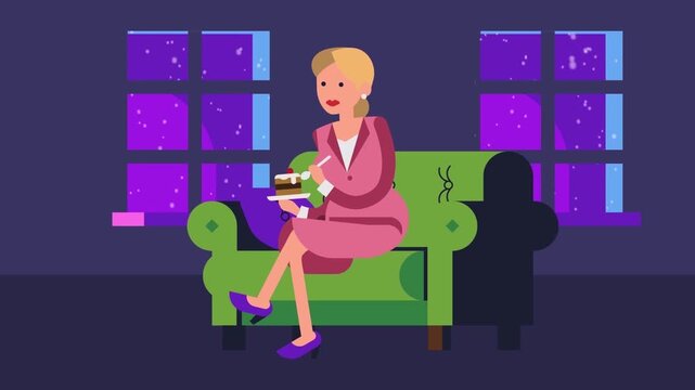 Elegant blonde woman eating delicious cake on a green sofa while watching snow through window video clip