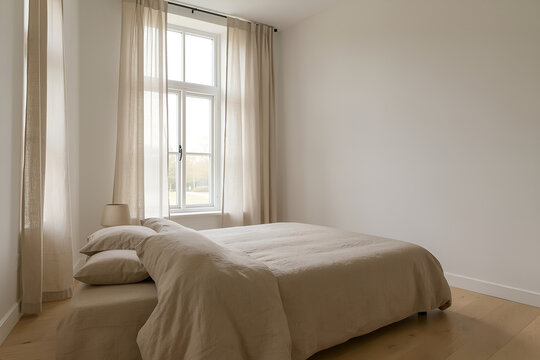 Quiet contemporary bedroom featuring a tall mullioned window and sunlit bed