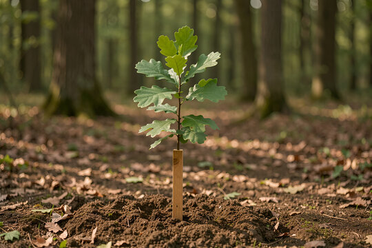 A young native oak sapling secured with a stake in a cleared woodland patch