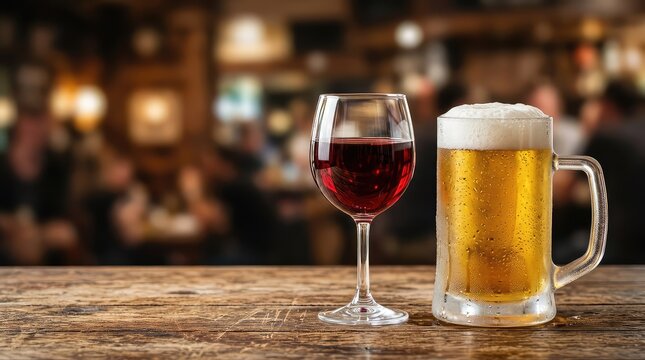 A filled glass of red wine is displayed next to a frosty pint glass of golden beer on a rustic wooden table with a blurred background, light, dark, liquid