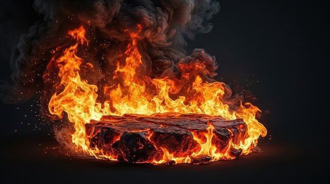 A fiery circular platform made of rugged rock glowing red-hot is engulfed by massive flames and dense swirling smoke in this dynamic scene, textures, dramatic, rock