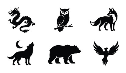 Obraz premium Mythical Creatures and Woodland Animals Silhouette Icons: Dragon, Owl, Fox, Wolf, Bear, Phoenix Vector Set
