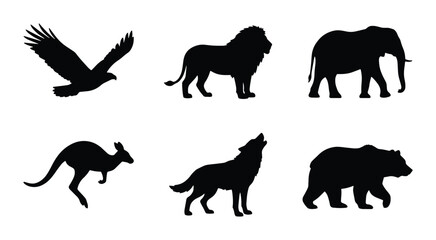 Obraz premium Wild Animal Silhouettes: Lion, Elephant, Eagle, Wolf, Kangaroo, Bear Icons for Nature & Safari Designs