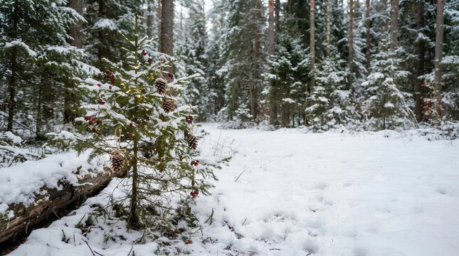 Snow covered evergreen tree with red berries stands in a winter forest