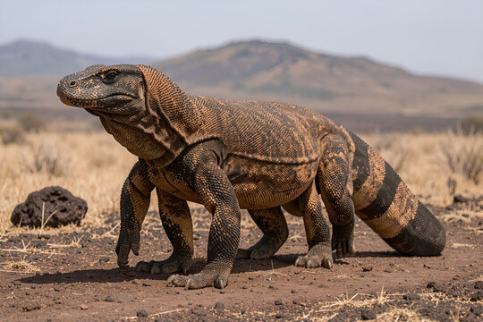 Komodo dragon standing on a dry volcanic path in midday light