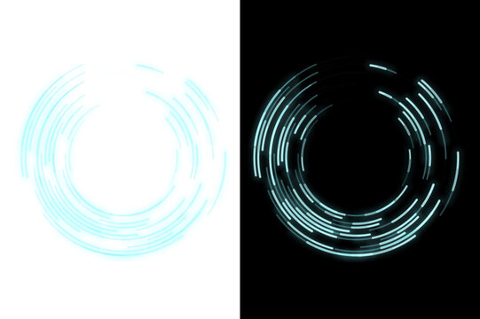 Abstract futuristic blue glowing circles and dashed tech lines forming a digital hud interface ring with tech circle blue glow sci fi black background