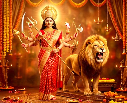 Goddess Durga with roaring lion in fire, powerful Hindu deity artwork, dramatic mythological illustration