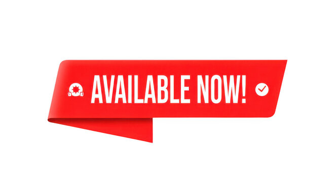 Red banner with the text available now in bold white letters isolated on white background