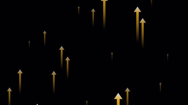 Glowing gold arrows rising upward luxury finance wealth investment on black background loop 4K