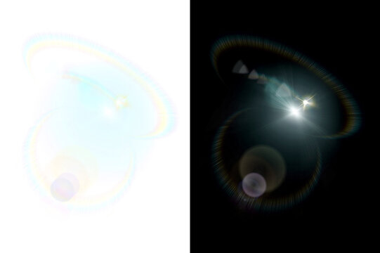 Bright optical lens flare effect with glowing light rays and circular bokeh elements black background sci fi illumination abstract radiance luminosity