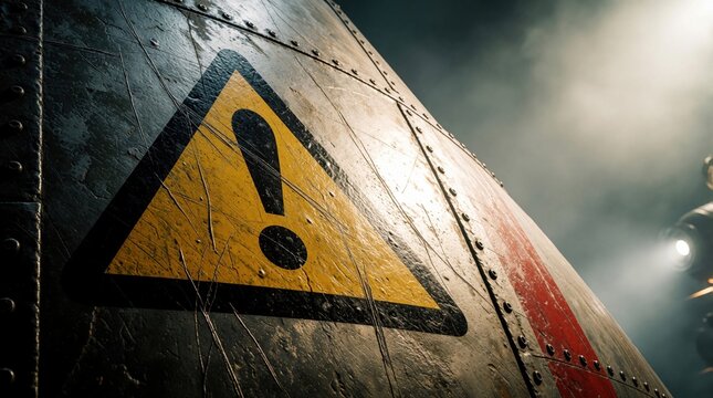 Closeup of scratched yellow danger sign on weathered metal surface. Warning triangle icon on heavy industrial steel plate with rivets, bolts. Military tech equipment heavy machinery shows caution