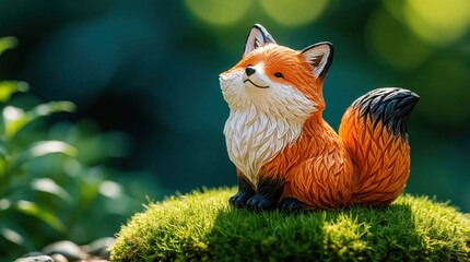 Fototapeta premium Whimsical fox figurine sits on green mossy base in garden. Cute orange animal sculpture happy smile. Small decorative fox ornament rests outdoors in nature forest. Adorable woodland creature craft