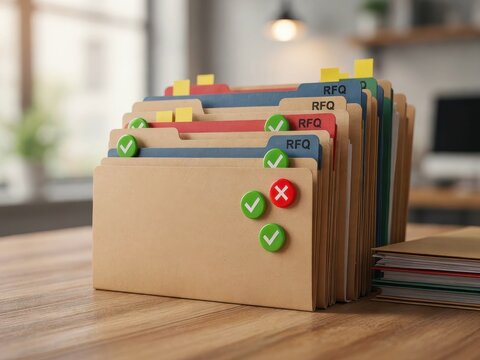 RFQ document folders on office desk, request for quotation files with checkmarks, procurement and supply chain management concept