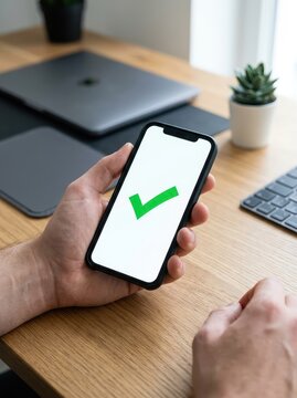 A modern smartphone displaying a large green confirmation checkmark on its screen, held over an office desk with a blurry laptop in the background, phone, glowing, checkmark