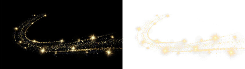 PNG transparent image of golden magic sparkle dust swirl with glowing stars. Perfect overlay effect for holiday design and fantasy art. © Tatyana