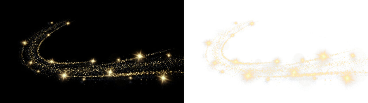 PNG transparent image of golden magic sparkle dust swirl with glowing stars. Perfect overlay effect for holiday design and fantasy art.