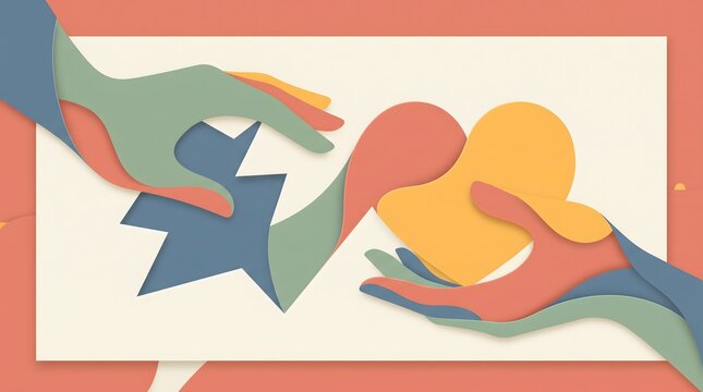 Abstract paper sculpture showing two gentle hands transforming a sharp angular form, symbolizing peace, harmony, compassion, and non violence.